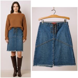 Y2K Hot Kiss Denim Skirt sz 7 28 Leather Tie Angle Seams Fray Hem Made In USA